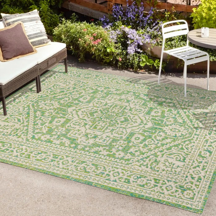 Sinjuri Medallion Textured Weave Cream/Green 9 ft. x 12 ft. Indoor/Outdoor Area Rug