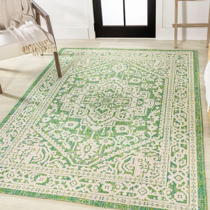 Sinjuri Medallion Textured Weave Cream/Green 9 ft. x 12 ft. Indoor/Outdoor Area Rug