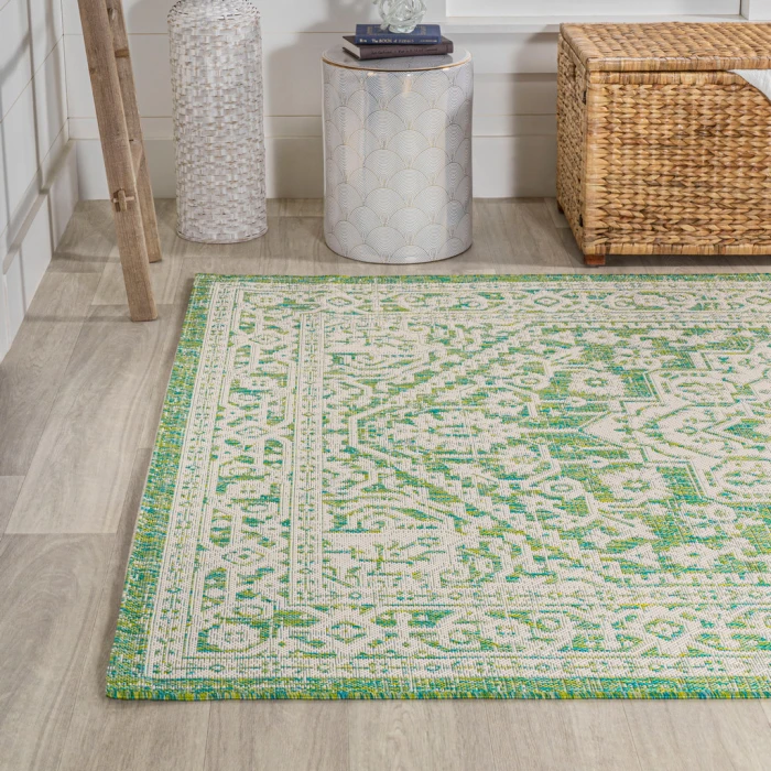 Sinjuri Medallion Textured Weave Cream/Green 9 ft. x 12 ft. Indoor/Outdoor Area Rug