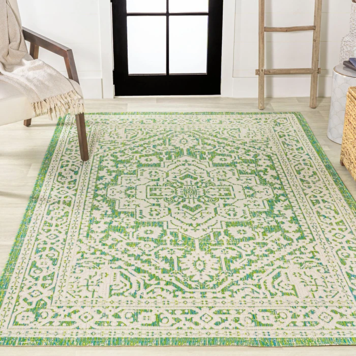 Sinjuri Medallion Textured Weave Cream/Green 9 ft. x 12 ft. Indoor/Outdoor Area Rug