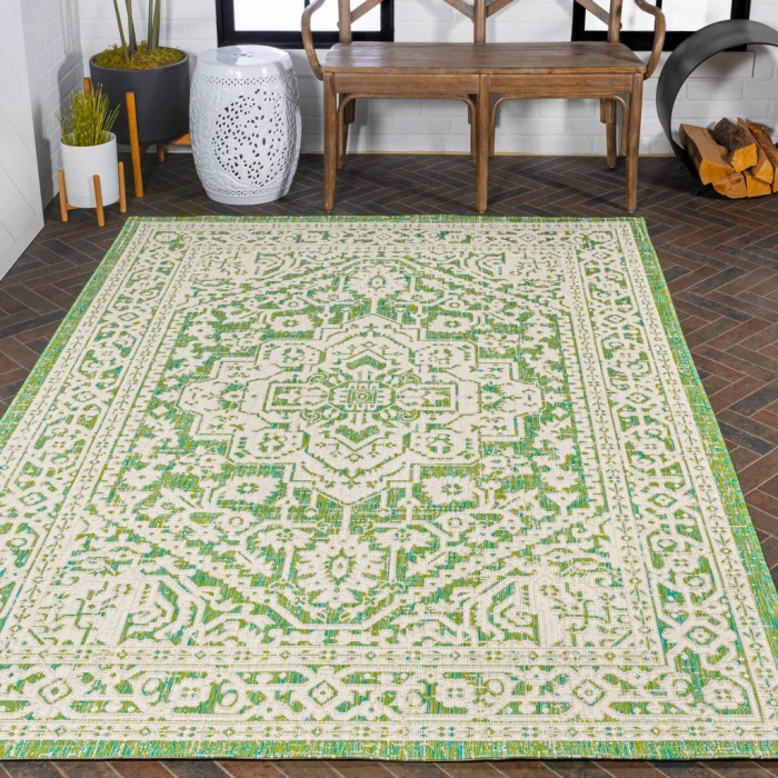Sinjuri Medallion Textured Weave Cream/Green 9 ft. x 12 ft. Indoor/Outdoor Area Rug