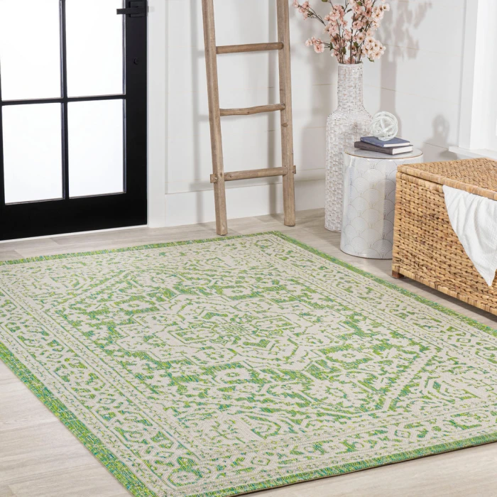 Sinjuri Medallion Textured Weave Cream/Green 9 ft. x 12 ft. Indoor/Outdoor Area Rug