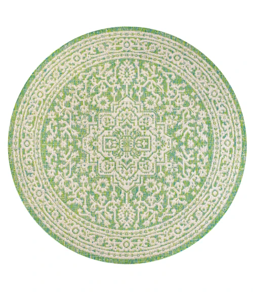 Sinjuri Medallion Textured Weave Cream/Green 5' Round Indoor/Outdoor Area Rug