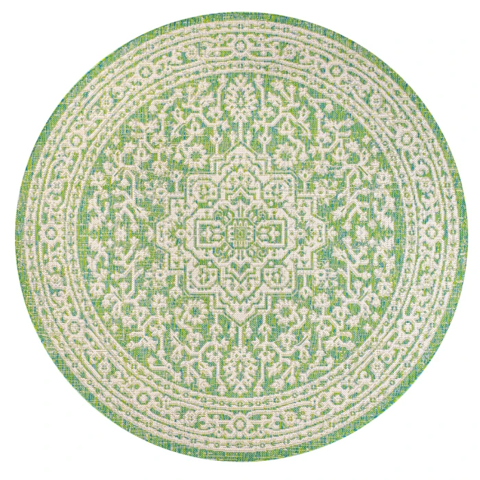 Sinjuri Medallion Textured Weave Cream/Green 5' Round Indoor/Outdoor Area Rug