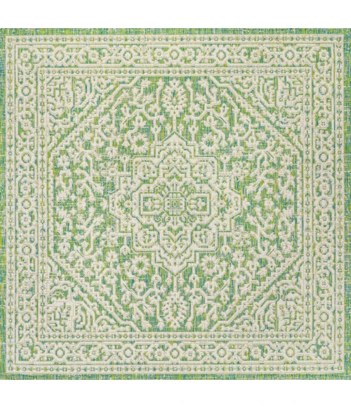 Sinjuri Medallion Textured Weave Cream/Green 5' Square Indoor/Outdoor Area Rug