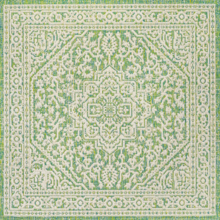 Sinjuri Medallion Textured Weave Cream/Green 5' Square Indoor/Outdoor Area Rug