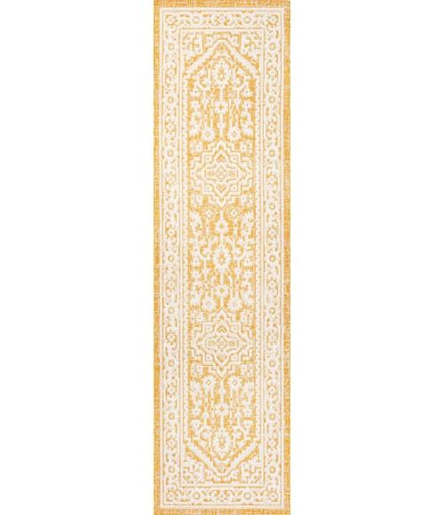 Sinjuri Medallion Textured Weave Yellow/Cream 2 ft. x 8 ft. Indoor/Outdoor Runner Rug
