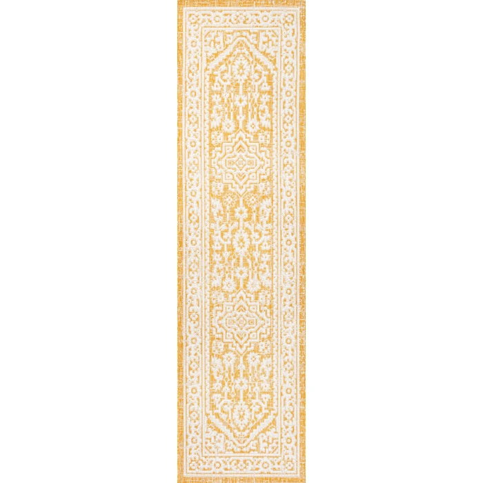 Sinjuri Medallion Textured Weave Yellow/Cream 2 ft. x 8 ft. Indoor/Outdoor Runner Rug