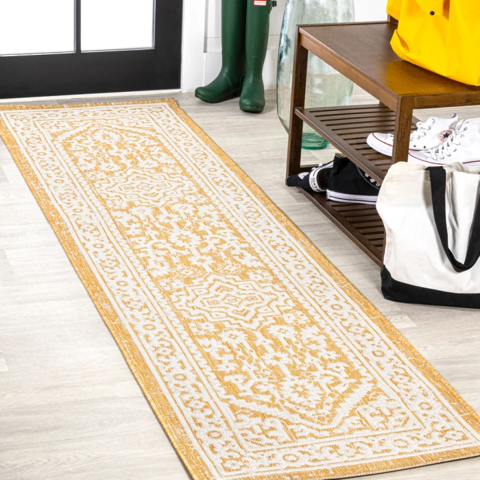 Sinjuri Medallion Textured Weave Yellow/Cream 2 ft. x 8 ft. Indoor/Outdoor Runner Rug