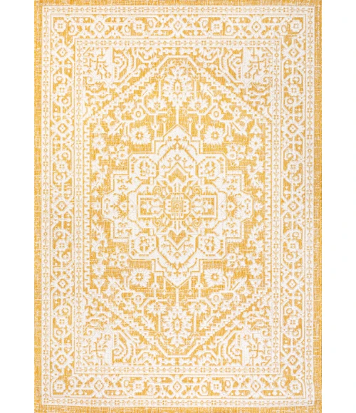 Sinjuri Medallion Textured Weave Yellow/Cream 8 ft. x 10 ft. Indoor/Outdoor Area Rug
