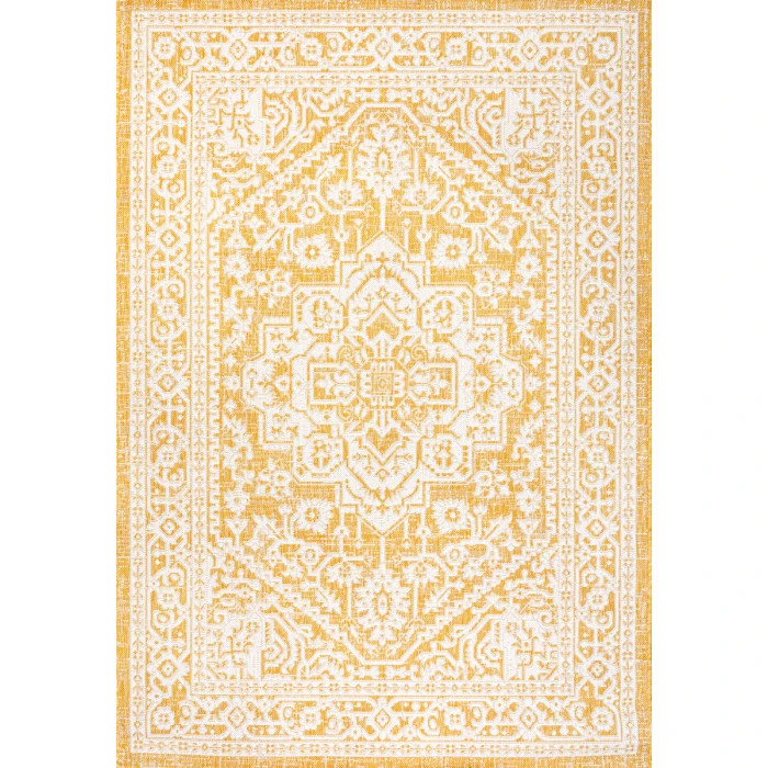 Sinjuri Medallion Textured Weave Yellow/Cream 3 ft. x 5 ft. Indoor/Outdoor Area Rug