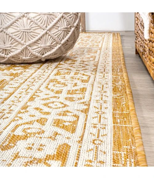 Sinjuri Medallion Textured Weave Yellow/Cream 2 ft. x 8 ft. Indoor/Outdoor Runner Rug