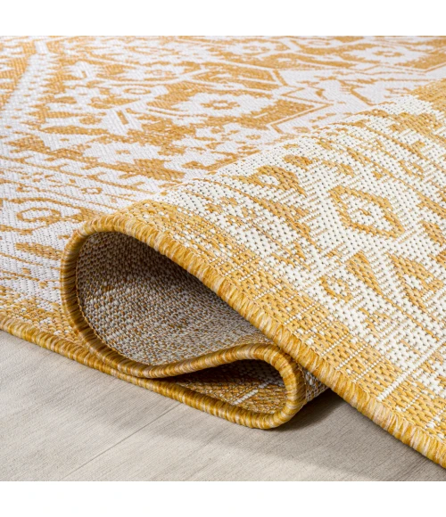 Sinjuri Medallion Textured Weave Yellow/Cream 2 ft. x 8 ft. Indoor/Outdoor Runner Rug
