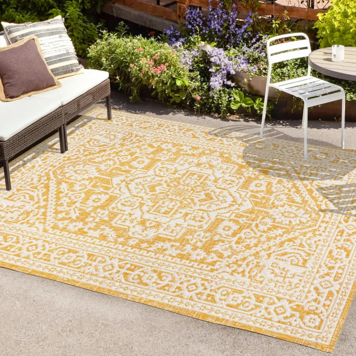 Sinjuri Medallion Textured Weave Yellow/Cream 3 ft. x 5 ft. Indoor/Outdoor Area Rug