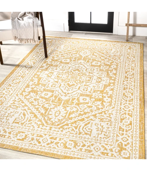 Sinjuri Medallion Textured Weave Yellow/Cream 8 ft. x 10 ft. Indoor/Outdoor Area Rug