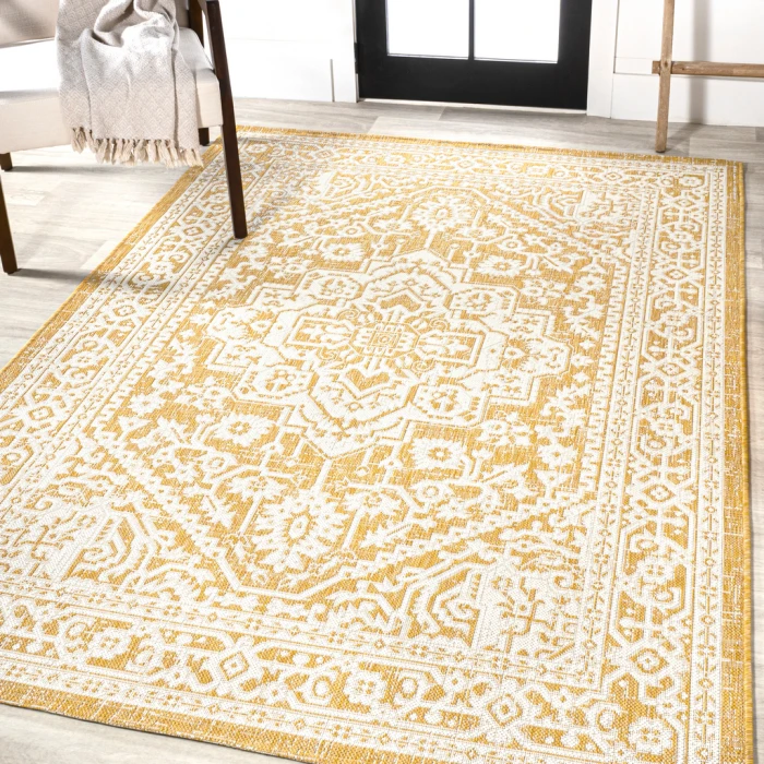 Sinjuri Medallion Textured Weave Yellow/Cream 3 ft. x 5 ft. Indoor/Outdoor Area Rug