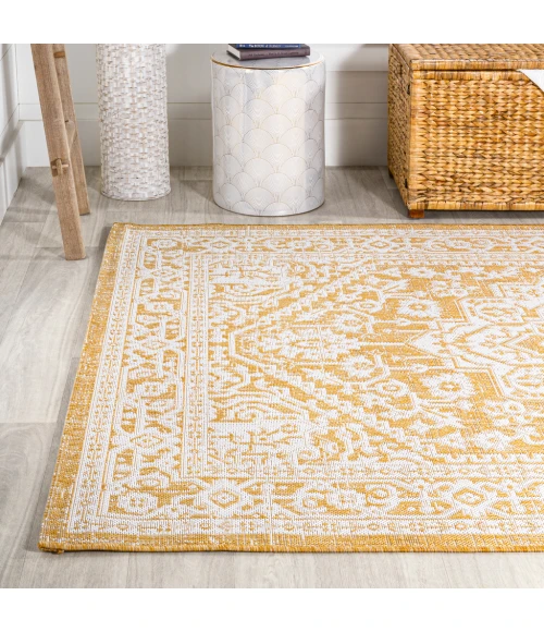 Sinjuri Medallion Textured Weave Yellow/Cream 8 ft. x 10 ft. Indoor/Outdoor Area Rug
