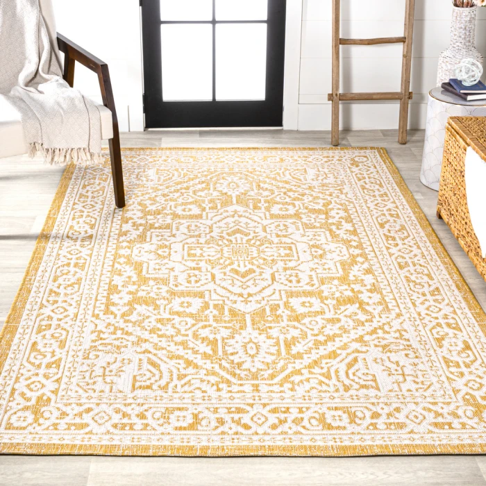 Sinjuri Medallion Textured Weave Yellow/Cream 3 ft. x 5 ft. Indoor/Outdoor Area Rug