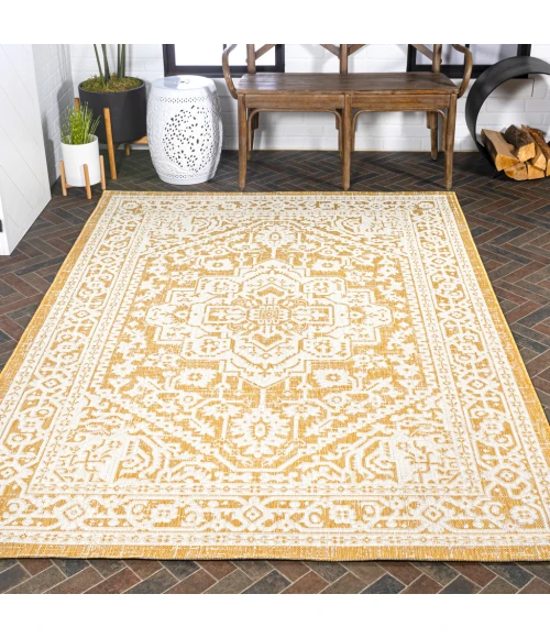 Sinjuri Medallion Textured Weave Yellow/Cream 8 ft. x 10 ft. Indoor/Outdoor Area Rug