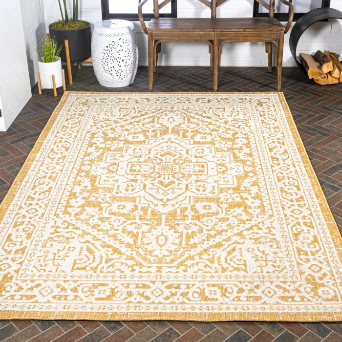 Sinjuri Medallion Textured Weave Yellow/Cream 3 ft. x 5 ft. Indoor/Outdoor Area Rug