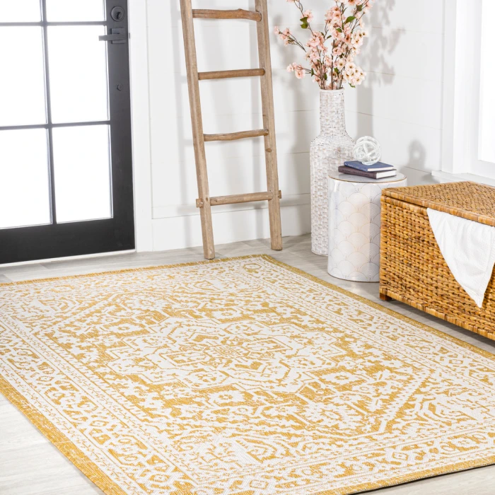 Sinjuri Medallion Textured Weave Yellow/Cream 3 ft. x 5 ft. Indoor/Outdoor Area Rug