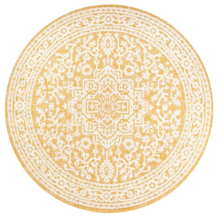Sinjuri Medallion Textured Weave Yellow/Cream 5' Round Indoor/Outdoor Area Rug
