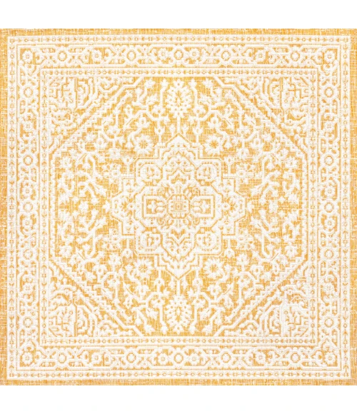 Sinjuri Medallion Textured Weave Yellow/Cream 5' Square Indoor/Outdoor Area Rug