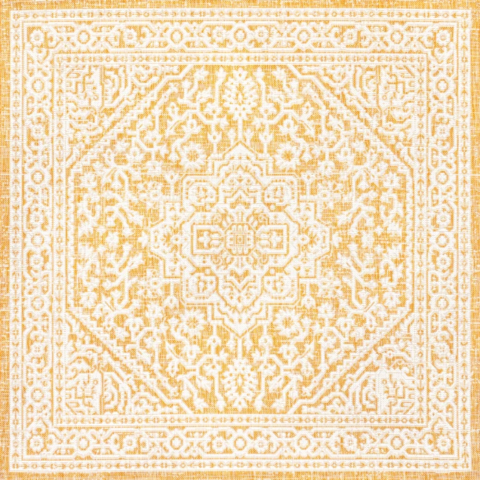 Sinjuri Medallion Textured Weave Yellow/Cream 5' Square Indoor/Outdoor Area Rug