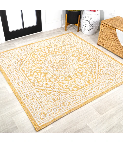 Sinjuri Medallion Textured Weave Yellow/Cream 5' Square Indoor/Outdoor Area Rug