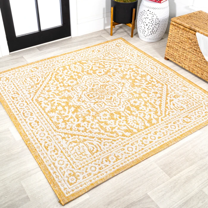 Sinjuri Medallion Textured Weave Yellow/Cream 5' Square Indoor/Outdoor Area Rug
