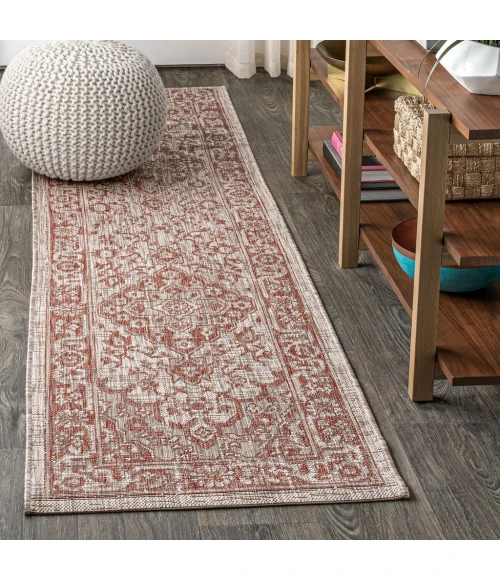 Rozetta Boho Medallion Textured Weave Red/Taupe 2 ft. x 8 ft. Indoor/Outdoor Runner Rug