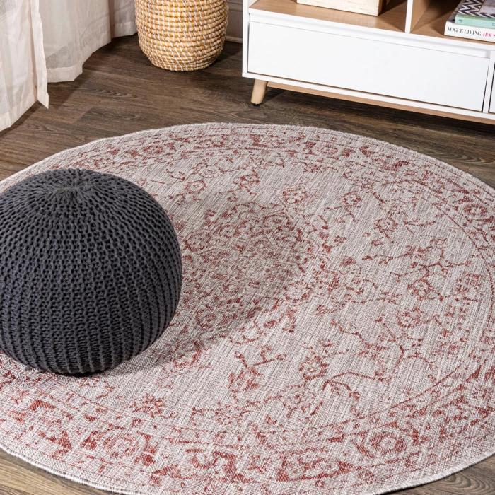 Rozetta Boho Medallion Textured Weave Red/Taupe 5' Round Indoor/Outdoor Area Rug