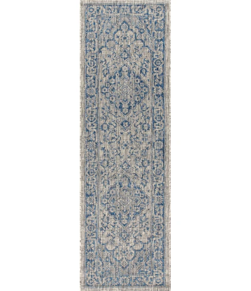 Rozetta Boho Medallion Textured Weave Gray/Navy 2 ft. x 10 ft. Indoor/Outdoor Runner Rug