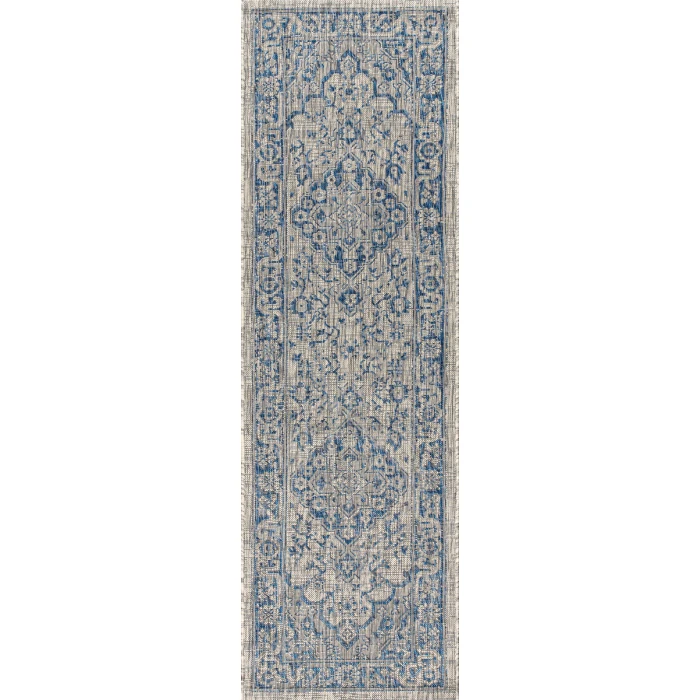 Rozetta Boho Medallion Textured Weave Gray/Navy 2 ft. x 10 ft. Indoor/Outdoor Runner Rug