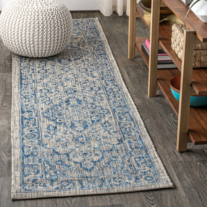 Rozetta Boho Medallion Textured Weave Gray/Navy 2 ft. x 10 ft. Indoor/Outdoor Runner Rug
