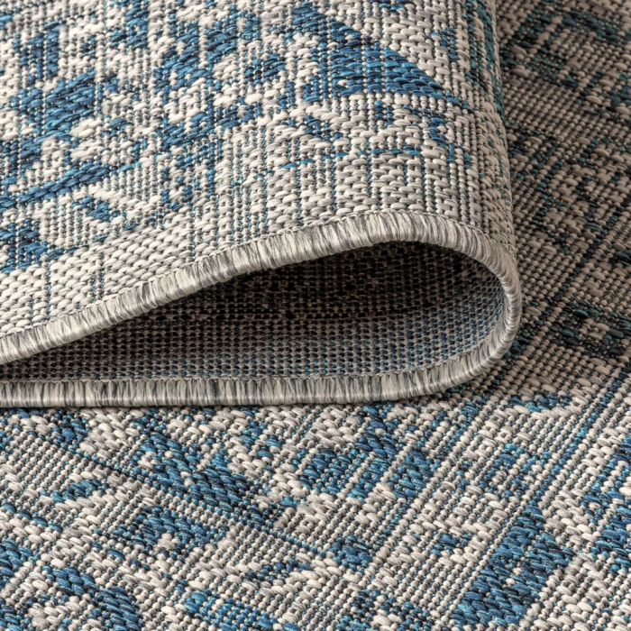 Rozetta Boho Medallion Textured Weave Gray/Navy 2 ft. x 10 ft. Indoor/Outdoor Runner Rug