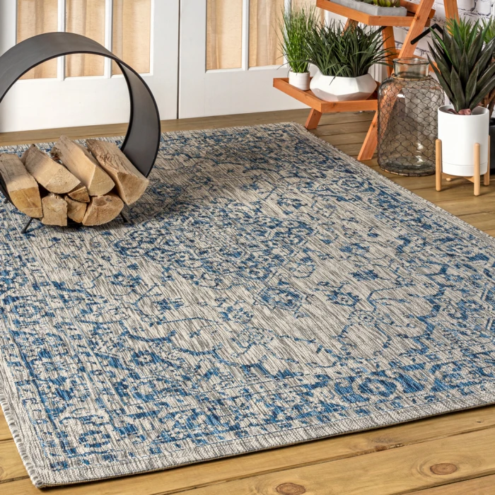 Rozetta Boho Medallion Textured Weave Gray/Navy 4 ft. x 6 ft. Indoor/Outdoor Area Rug