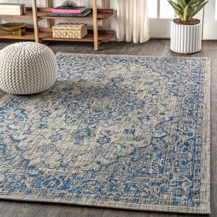 Rozetta Boho Medallion Textured Weave Gray/Navy 4 ft. x 6 ft. Indoor/Outdoor Area Rug