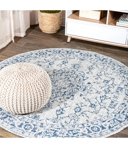 Rozetta Boho Medallion Textured Weave Gray/Navy 5' Round Indoor/Outdoor Area Rug