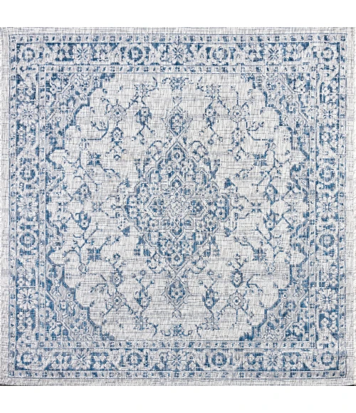 Rozetta Boho Medallion Textured Weave Gray/Navy 5' Square Indoor/Outdoor Area Rug