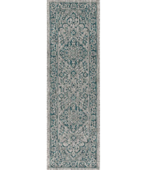 Rozetta Boho Medallion Textured Weave Gray/Teal 2 ft. x 8 ft. Indoor/Outdoor Runner Rug
