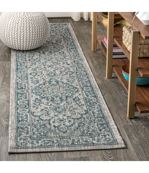 Rozetta Boho Medallion Textured Weave Gray/Teal 2 ft. x 8 ft. Indoor/Outdoor Runner Rug