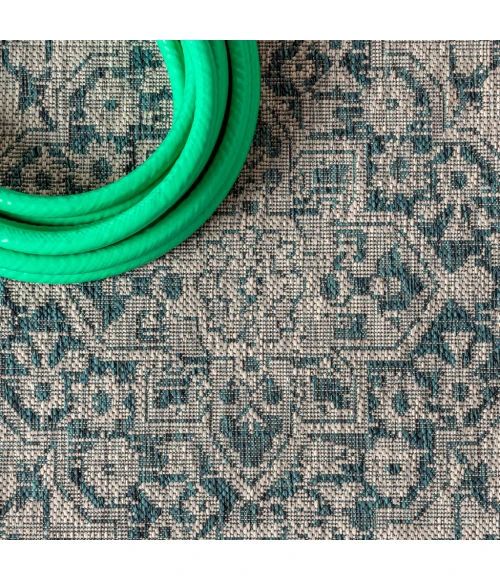 Rozetta Boho Medallion Textured Weave Gray/Teal 5' Square Indoor/Outdoor Area Rug