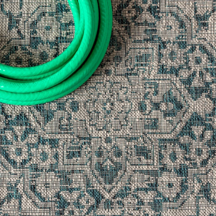 Rozetta Boho Medallion Textured Weave Gray/Teal 8 ft. x 10 ft. Indoor/Outdoor Area Rug