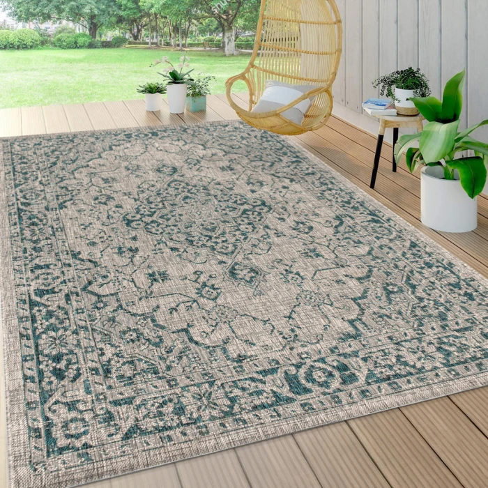 Rozetta Boho Medallion Textured Weave Gray/Teal 8 ft. x 10 ft. Indoor/Outdoor Area Rug
