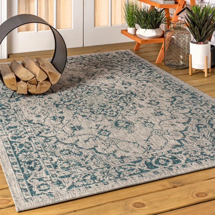 Rozetta Boho Medallion Textured Weave Gray/Teal 8 ft. x 10 ft. Indoor/Outdoor Area Rug