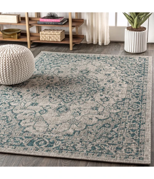 Rozetta Boho Medallion Textured Weave Gray/Teal 9 ft. x 12 ft. Indoor/Outdoor Area Rug