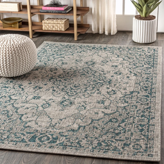 Rozetta Boho Medallion Textured Weave Gray/Teal 8 ft. x 10 ft. Indoor/Outdoor Area Rug