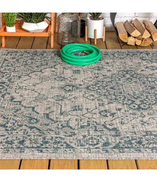 Rozetta Boho Medallion Textured Weave Gray/Teal 9 ft. x 12 ft. Indoor/Outdoor Area Rug