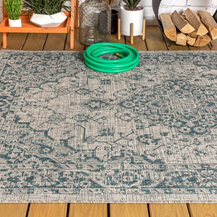 Rozetta Boho Medallion Textured Weave Gray/Teal 8 ft. x 10 ft. Indoor/Outdoor Area Rug